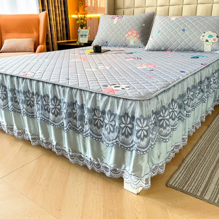 91家纺网 家纺一手货源 找家纺 锦罗绣 2024新款水洗乳胶凉席床裙凉席夏被四件套 彩色蘑菇