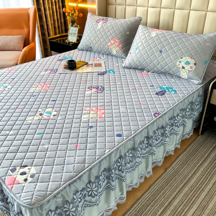 91家纺网 家纺一手货源 找家纺 锦罗绣 2024新款水洗乳胶凉席床裙凉席夏被四件套 彩色蘑菇