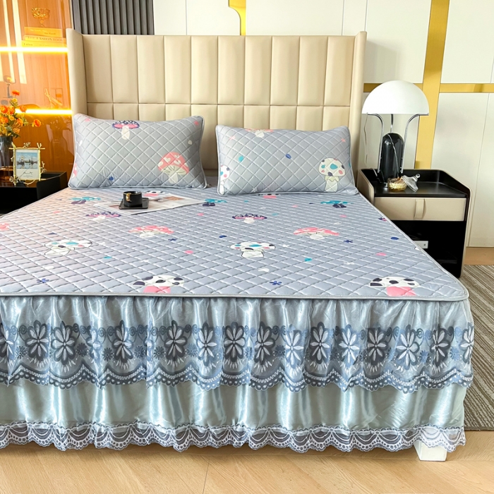 91家纺网 家纺一手货源 找家纺 锦罗绣 2024新款水洗乳胶凉席床裙凉席夏被四件套 彩色蘑菇