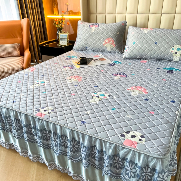 91家纺网 家纺一手货源 找家纺 锦罗绣 2024新款水洗乳胶凉席床裙凉席夏被四件套 彩色蘑菇