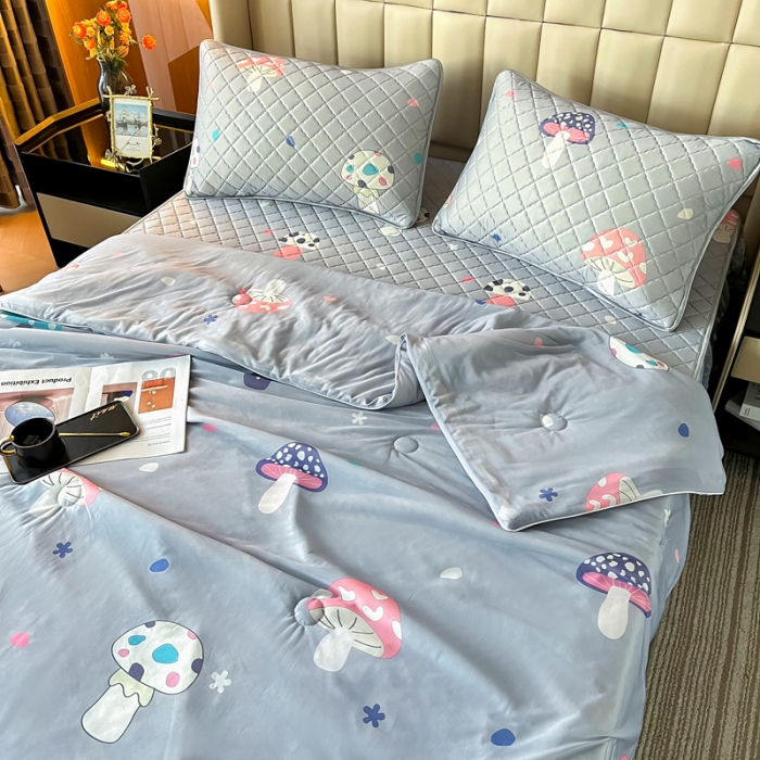 91家纺网 家纺一手货源 找家纺 锦罗绣 2024新款水洗乳胶凉席床裙凉席夏被四件套 彩色蘑菇
