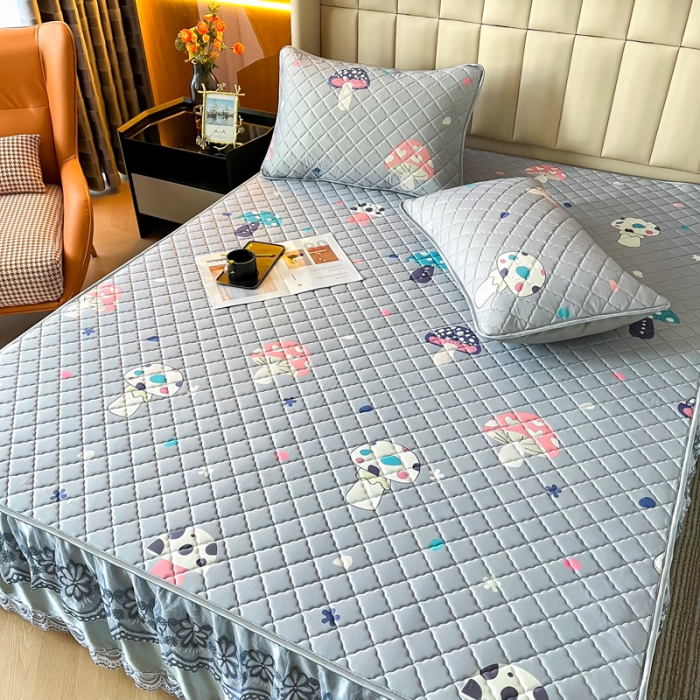 91家纺网 家纺一手货源 找家纺 锦罗绣 2024新款水洗乳胶凉席床裙凉席夏被四件套 彩色蘑菇