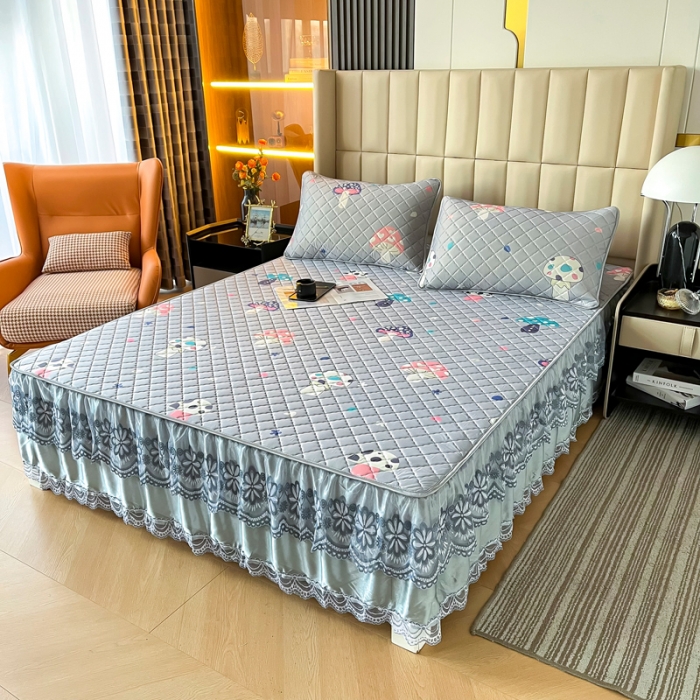 91家纺网 家纺一手货源 找家纺 锦罗绣 2024新款水洗乳胶凉席床裙凉席夏被四件套 彩色蘑菇