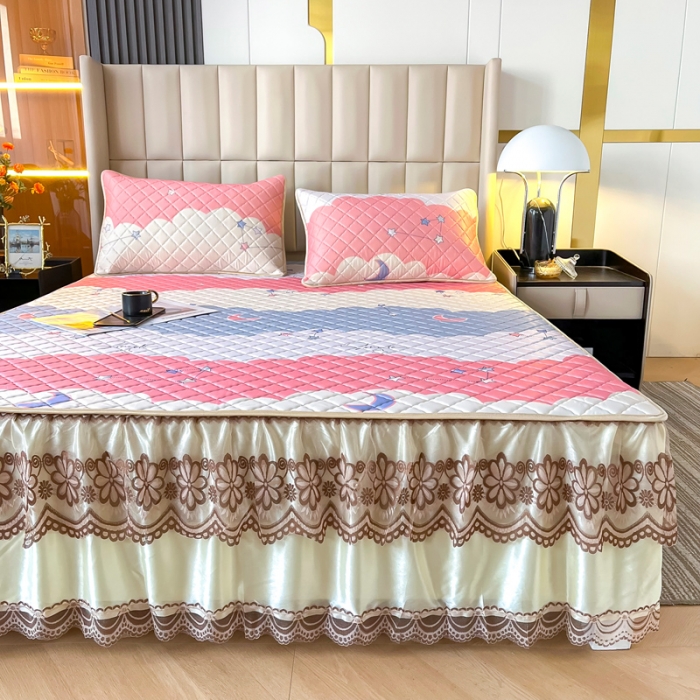 91家纺网 家纺一手货源 找家纺 锦罗绣 2024新款水洗乳胶凉席床裙凉席夏被四件套 繁星点点