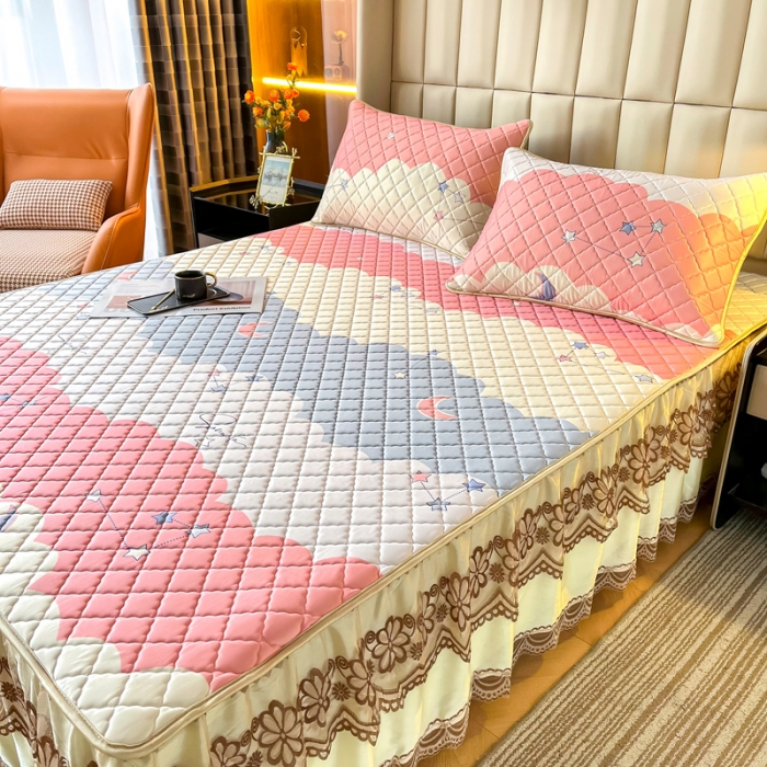 91家纺网 家纺一手货源 找家纺 锦罗绣 2024新款水洗乳胶凉席床裙凉席夏被四件套 繁星点点