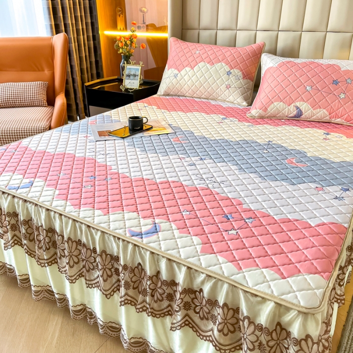 91家纺网 家纺一手货源 找家纺 锦罗绣 2024新款水洗乳胶凉席床裙凉席夏被四件套 繁星点点