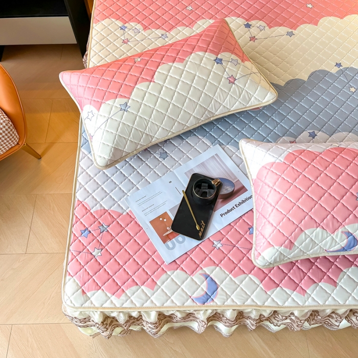 91家纺网 家纺一手货源 找家纺 锦罗绣 2024新款水洗乳胶凉席床裙凉席夏被四件套 繁星点点