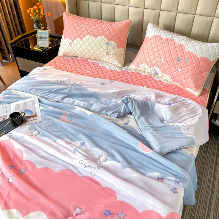 91家纺网 家纺一手货源 找家纺 锦罗绣 2024新款水洗乳胶凉席床裙凉席夏被四件套 繁星点点
