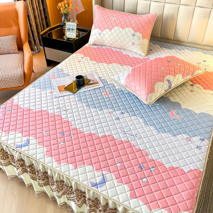 91家纺网 家纺一手货源 找家纺 锦罗绣 2024新款水洗乳胶凉席床裙凉席夏被四件套 繁星点点