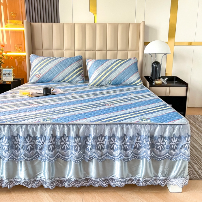 91家纺网 家纺一手货源 找家纺 锦罗绣 2024新款水洗乳胶凉席床裙凉席夏被四件套 格调条纹