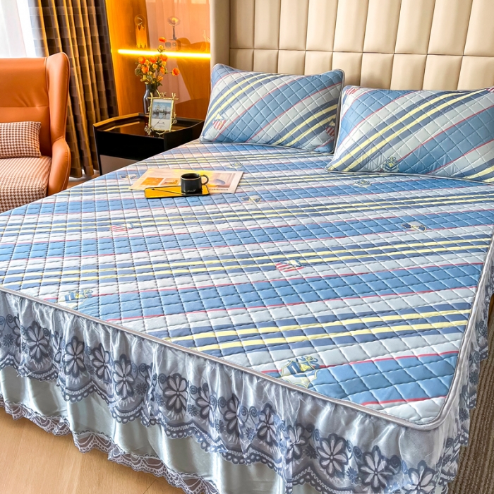 91家纺网 家纺一手货源 找家纺 锦罗绣 2024新款水洗乳胶凉席床裙凉席夏被四件套 格调条纹