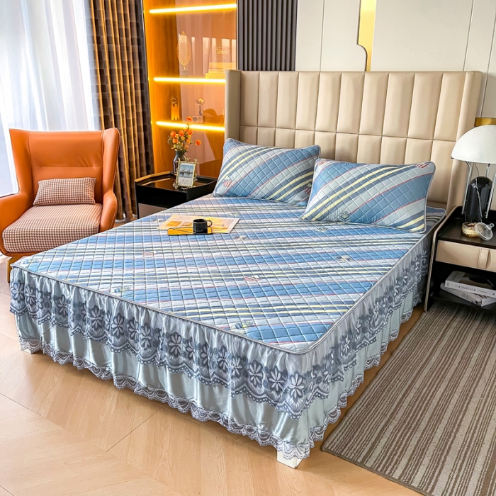 91家纺网 家纺一手货源 找家纺 锦罗绣 2024新款水洗乳胶凉席床裙凉席夏被四件套 格调条纹