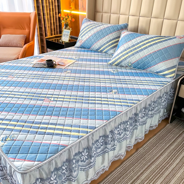 91家纺网 家纺一手货源 找家纺 锦罗绣 2024新款水洗乳胶凉席床裙凉席夏被四件套 格调条纹