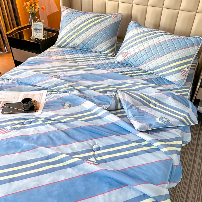 91家纺网 家纺一手货源 找家纺 锦罗绣 2024新款水洗乳胶凉席床裙凉席夏被四件套 格调条纹