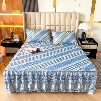 锦罗绣 2024新款水洗乳胶凉席床裙凉席夏被四件套 格调条纹
