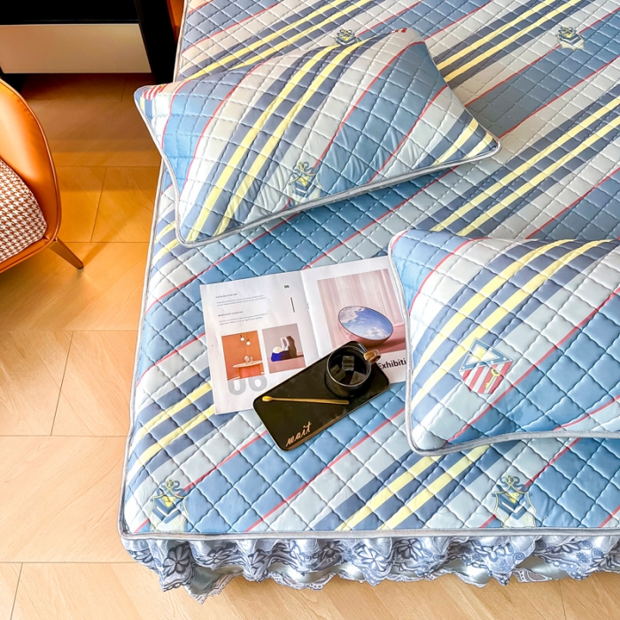 91家纺网 家纺一手货源 找家纺 锦罗绣 2024新款水洗乳胶凉席床裙凉席夏被四件套 格调条纹