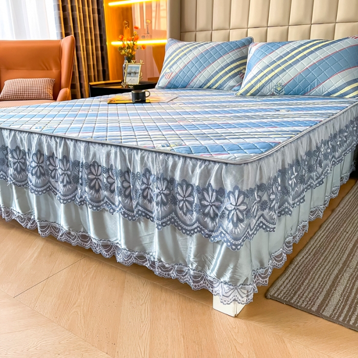 91家纺网 家纺一手货源 找家纺 锦罗绣 2024新款水洗乳胶凉席床裙凉席夏被四件套 格调条纹