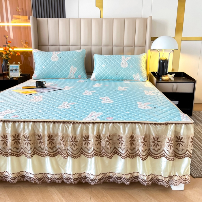 91家纺网 家纺一手货源 找家纺 锦罗绣 2024新款水洗乳胶凉席床裙凉席夏被四件套 乖乖兔