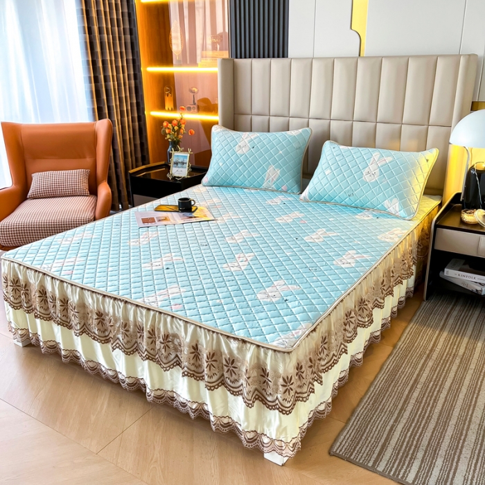 91家纺网 家纺一手货源 找家纺 锦罗绣 2024新款水洗乳胶凉席床裙凉席夏被四件套 乖乖兔