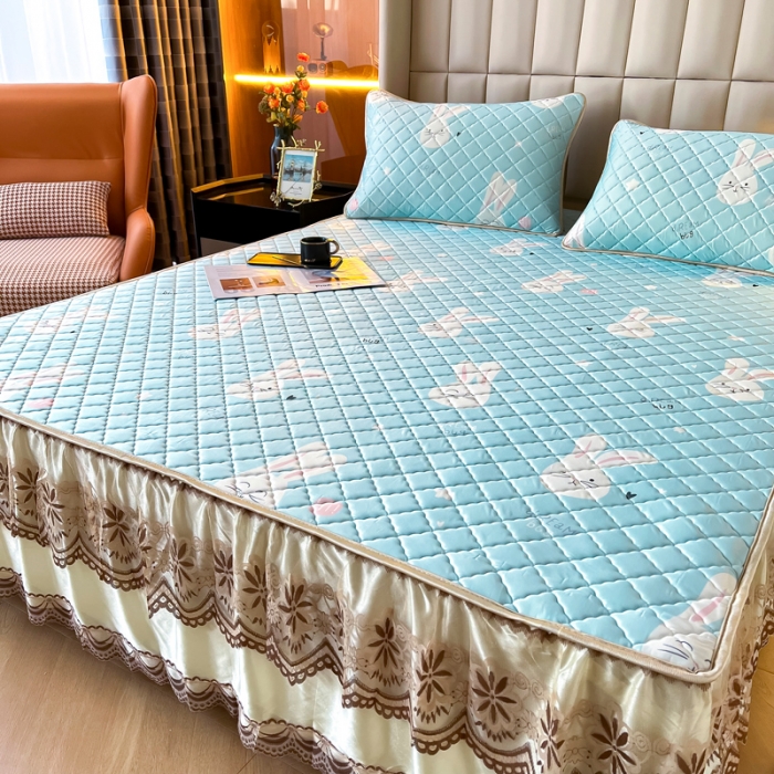 91家纺网 家纺一手货源 找家纺 锦罗绣 2024新款水洗乳胶凉席床裙凉席夏被四件套 乖乖兔