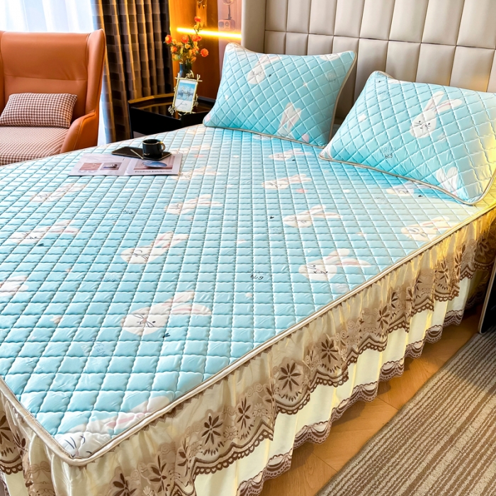 91家纺网 家纺一手货源 找家纺 锦罗绣 2024新款水洗乳胶凉席床裙凉席夏被四件套 乖乖兔