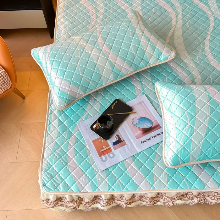 91家纺网 家纺一手货源 找家纺 锦罗绣 2024新款水洗乳胶凉席床裙凉席夏被四件套 流金岁月