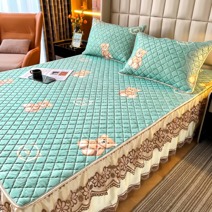 91家纺网 家纺一手货源 找家纺 锦罗绣 2024新款水洗乳胶凉席床裙凉席夏被四件套 萌萌熊