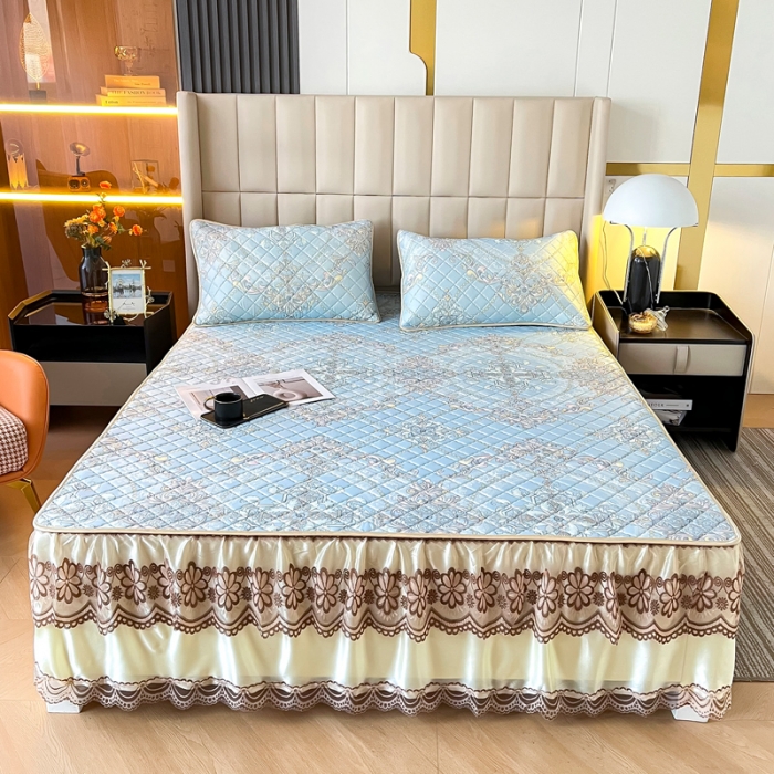 91家纺网 家纺一手货源 找家纺 锦罗绣 2024新款水洗乳胶凉席床裙凉席夏被四件套 梦中憧憬