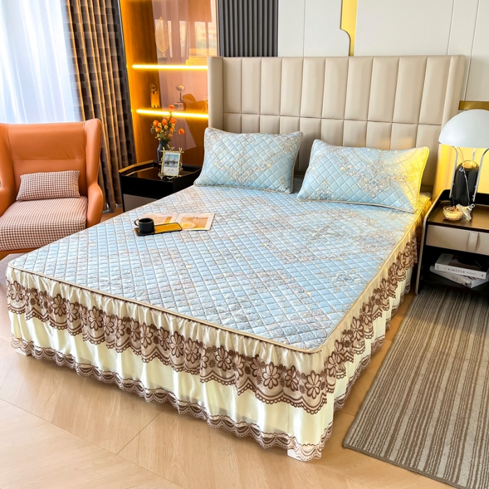 91家纺网 家纺一手货源 找家纺 锦罗绣 2024新款水洗乳胶凉席床裙凉席夏被四件套 梦中憧憬