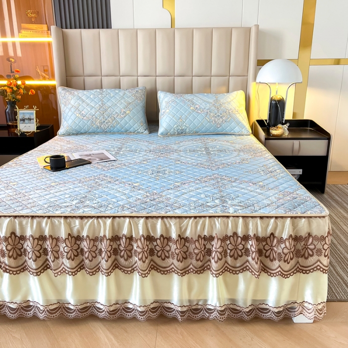 91家纺网 家纺一手货源 找家纺 锦罗绣 2024新款水洗乳胶凉席床裙凉席夏被四件套 梦中憧憬