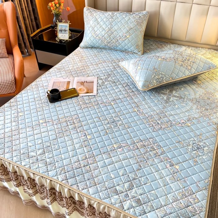 91家纺网 家纺一手货源 找家纺 锦罗绣 2024新款水洗乳胶凉席床裙凉席夏被四件套 梦中憧憬