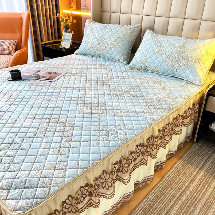 91家纺网 家纺一手货源 找家纺 锦罗绣 2024新款水洗乳胶凉席床裙凉席夏被四件套 梦中憧憬