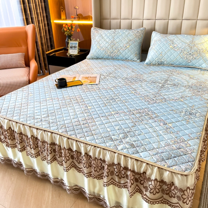 91家纺网 家纺一手货源 找家纺 锦罗绣 2024新款水洗乳胶凉席床裙凉席夏被四件套 梦中憧憬