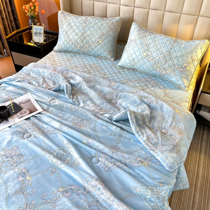91家纺网 家纺一手货源 找家纺 锦罗绣 2024新款水洗乳胶凉席床裙凉席夏被四件套 梦中憧憬