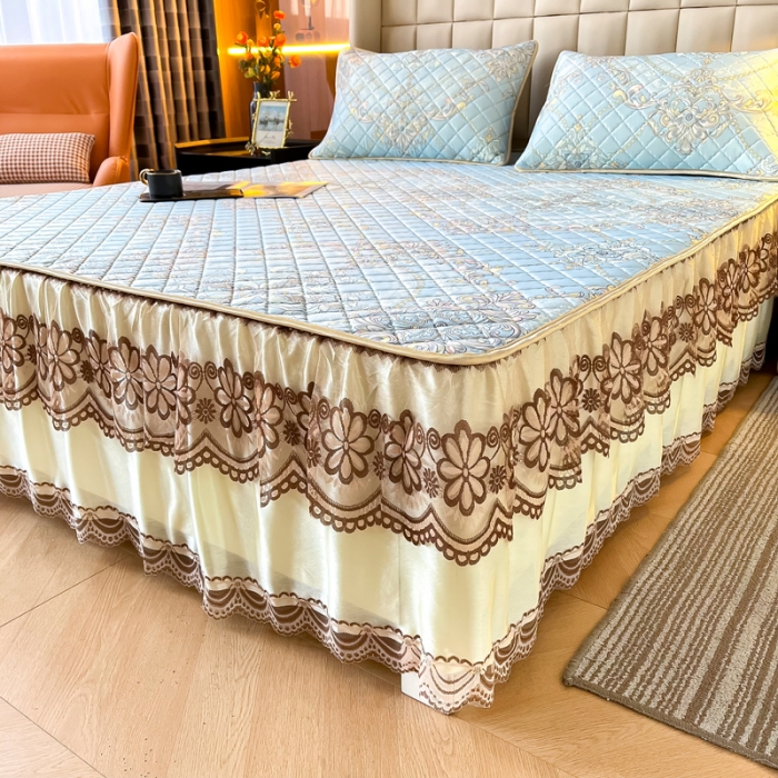 91家纺网 家纺一手货源 找家纺 锦罗绣 2024新款水洗乳胶凉席床裙凉席夏被四件套 梦中憧憬