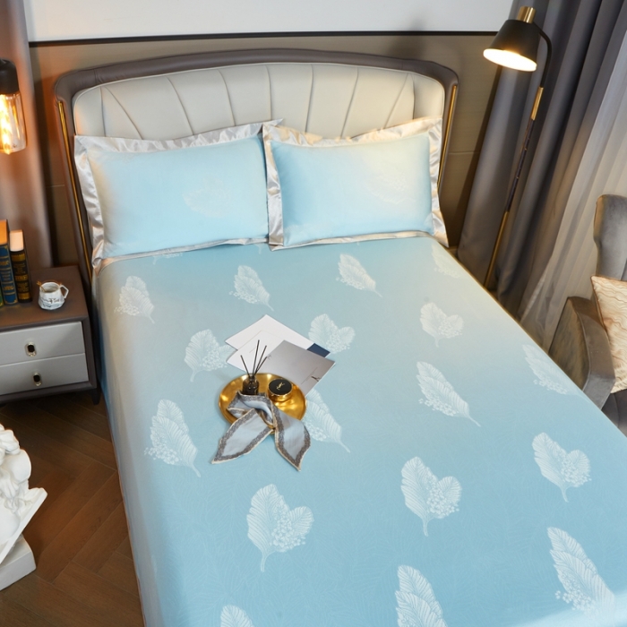 91家纺网 家纺一手货源 找家纺 威克凯丽2023新款重磅七彩大提花纯竹纤维软凉席三件套 叶曼