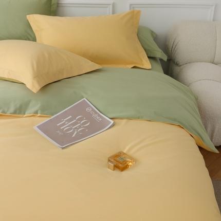 91家纺网 家纺一手货源 找家纺 蕊姿超柔水洗50s双股新疆长绒棉双拼四件套奶油黄+竹青绿