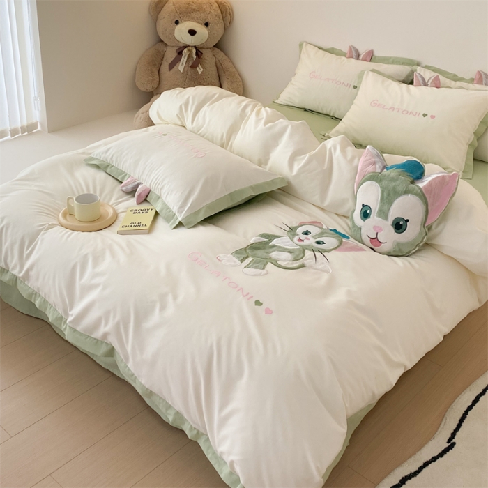 91家纺网 家纺一手货源 找家纺 朗莎 2022新款卡通水洗棉四件套 画家猫