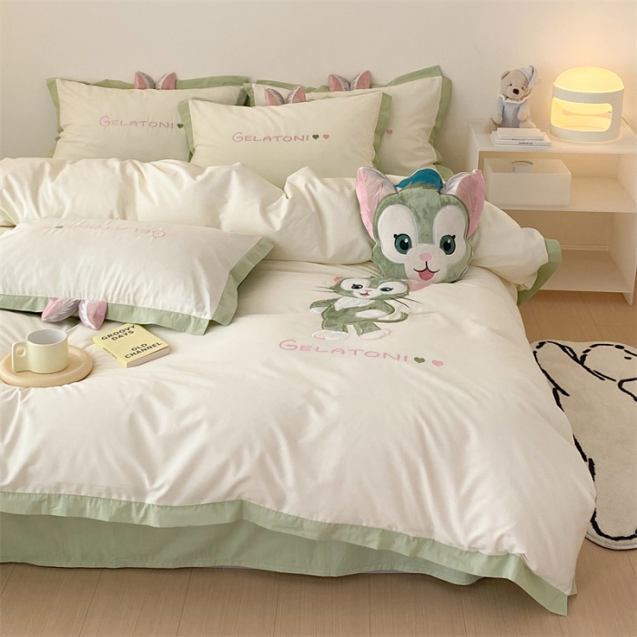 91家纺网 家纺一手货源 找家纺 朗莎 2022新款卡通水洗棉四件套 画家猫