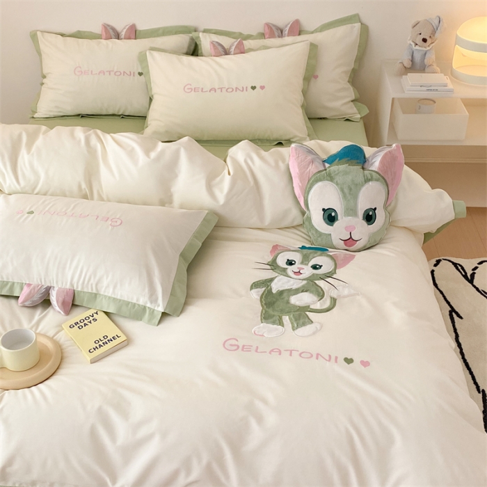 91家纺网 家纺一手货源 找家纺 朗莎 2022新款卡通水洗棉四件套 画家猫