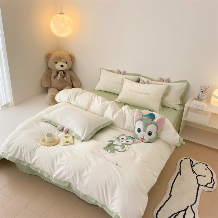 91家纺网 家纺一手货源 找家纺 朗莎 2022新款卡通水洗棉四件套 画家猫