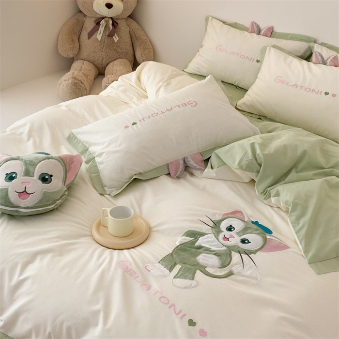 91家纺网 家纺一手货源 找家纺 朗莎 2022新款卡通水洗棉四件套 画家猫