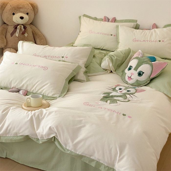 91家纺网 家纺一手货源 找家纺 朗莎 2022新款卡通水洗棉四件套 画家猫