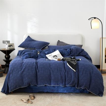 91家纺网 家纺一手货源 找家纺 名品优仓 2023新款纯棉水洗棉三层纱提花四件套 藏青