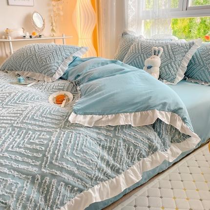 91家纺网 家纺一手货源 找家纺 逸尚阁2022新款水洗磨毛剪花工艺款花边四件套 几何-水绿