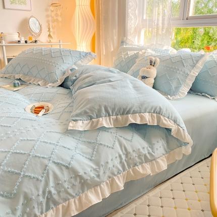 91家纺网 家纺一手货源 找家纺 逸尚阁2022新款水洗磨毛剪花工艺款花边四件套 几何-天蓝