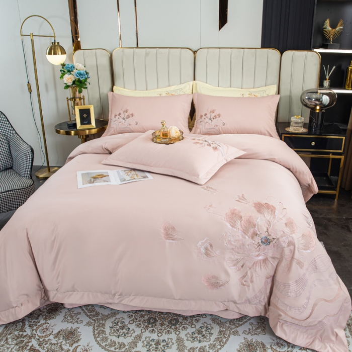 91家纺网 家纺一手货源 找家纺 琪格格 2022新款水洗真丝重工刺绣四件套 国色天香-浅粉