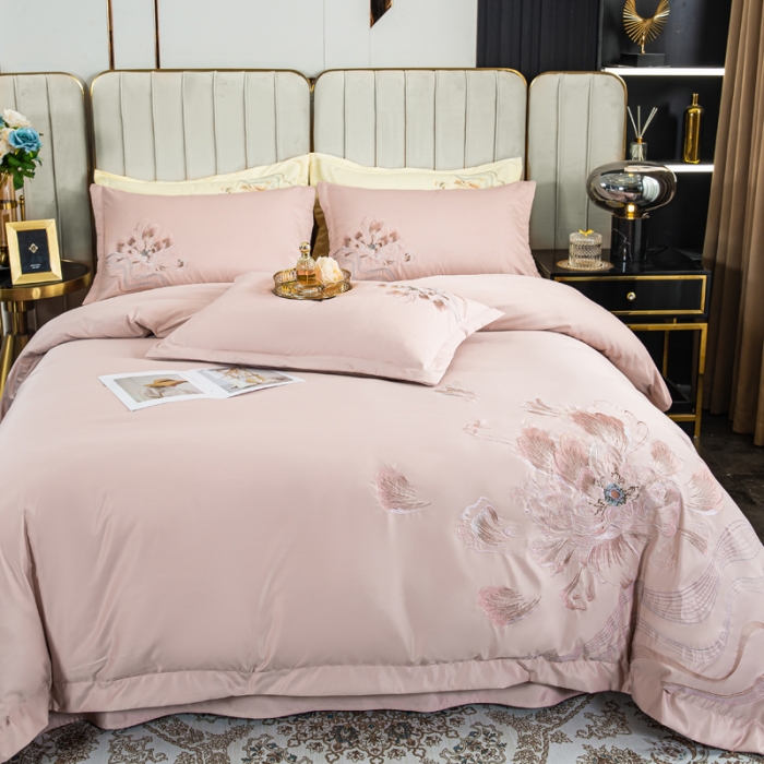 91家纺网 家纺一手货源 找家纺 琪格格 2022新款水洗真丝重工刺绣四件套 国色天香-浅粉