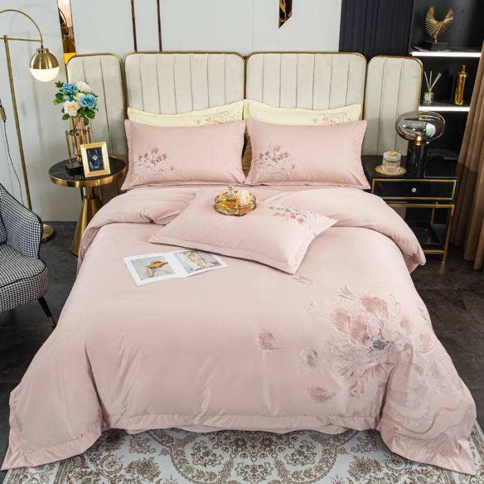 91家纺网 家纺一手货源 找家纺 琪格格 2022新款水洗真丝重工刺绣四件套 国色天香-浅粉