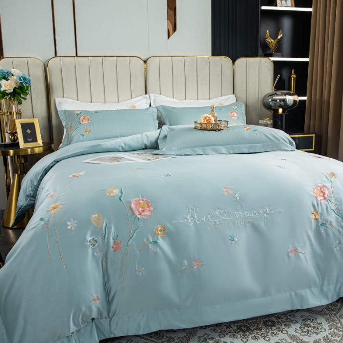 91家纺网 家纺一手货源 找家纺 琪格格 2022新款水洗真丝重工刺绣四件套 悠然清新-水兰